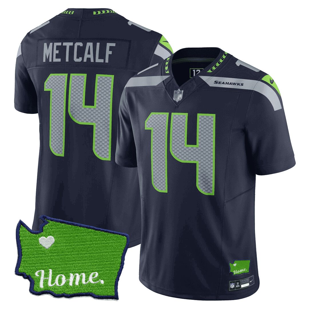 Men Seattle Seahawks 14 Metcalf Drak Blue 2024 Nike Washington Home Patch NFL Jersey